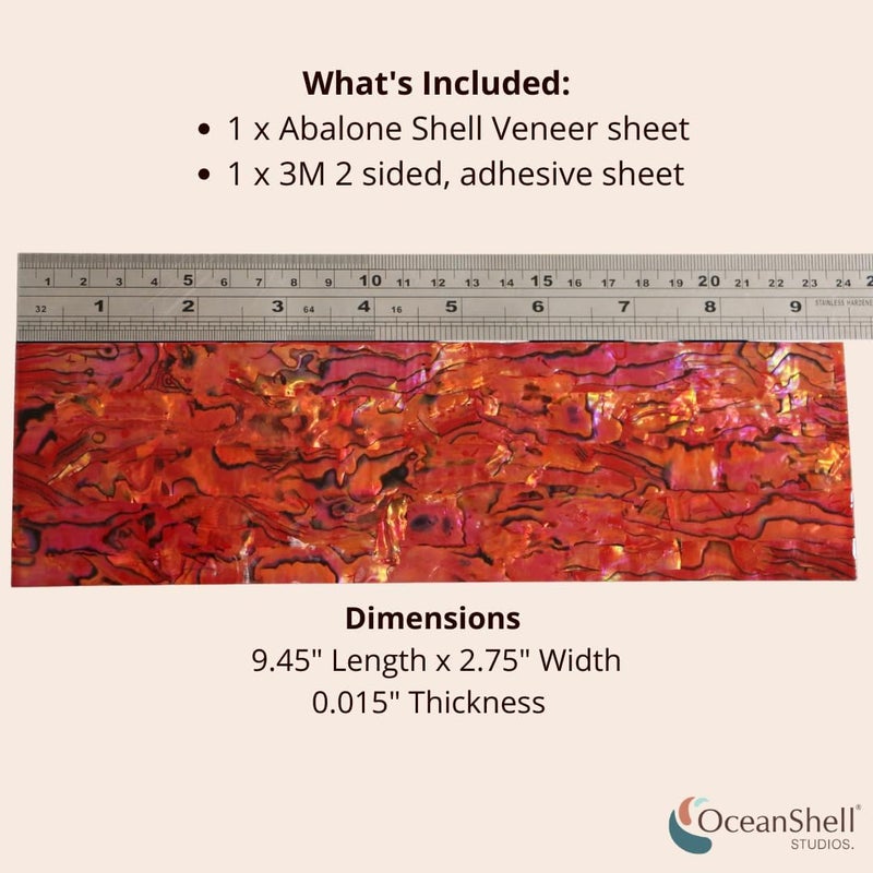 Ocean Shell Studios. Abalone Shell Inlay Veneer for DIY or Professional Inlay Embellishments - Sustainable New Zealand Paua Ruby Red- With 3M Double Sided Tape Backing - 9.45"X2.75" - Image 2